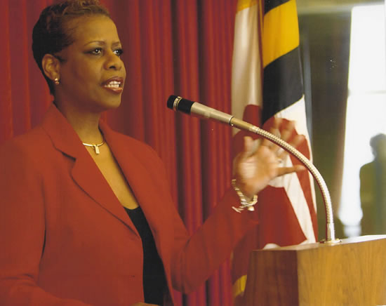 image of Sharon Pinder speaking at a press conference